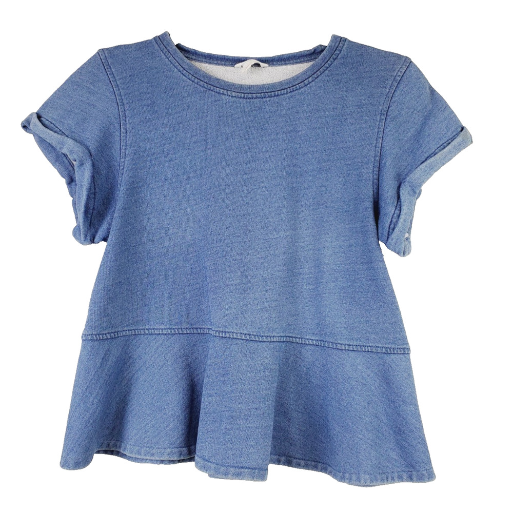 Club Monaco Womens Small Top Peplum Short Sleeve Chambray Blue Cotton Scoopneckā